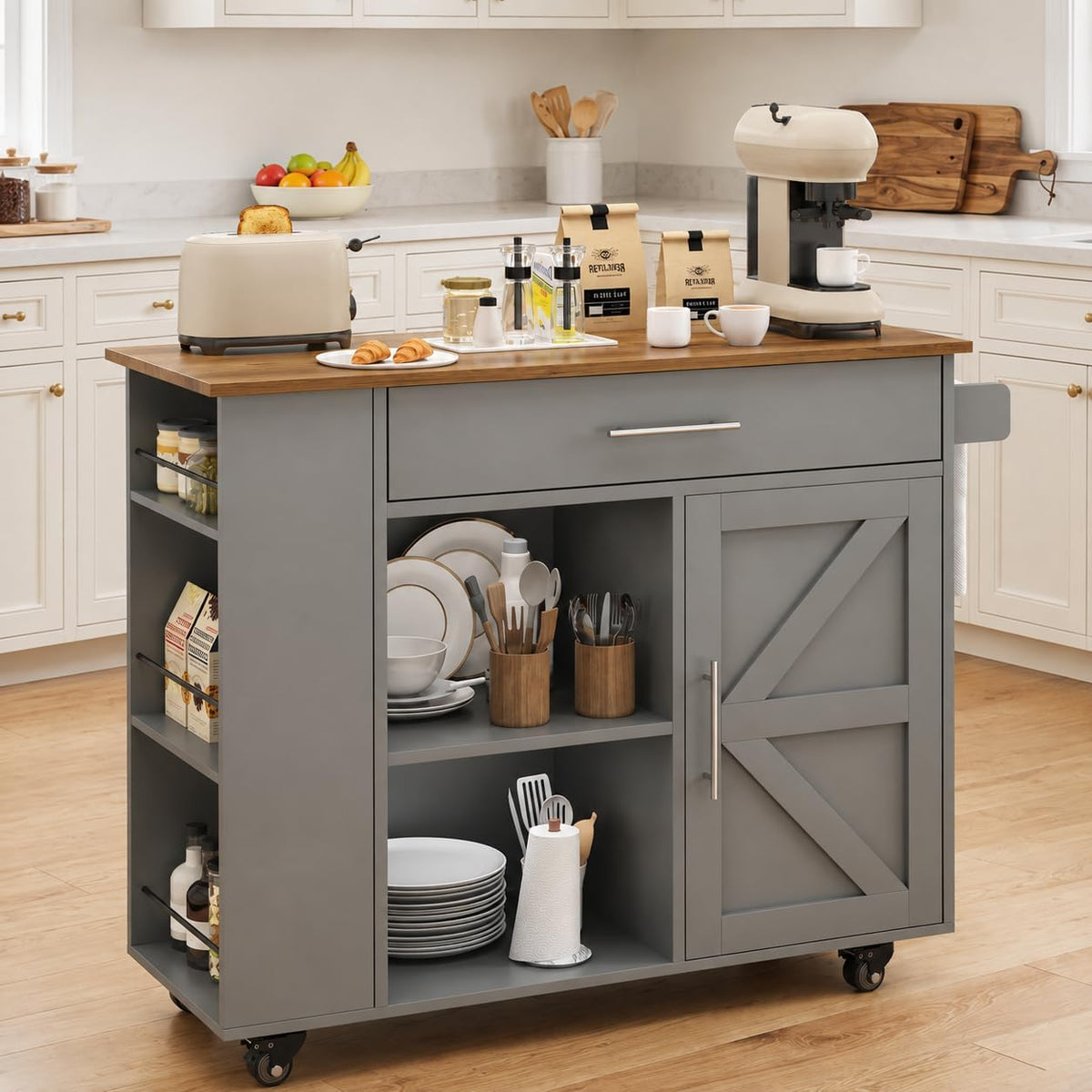 Grey Rolling Farmhouse Kitchen Island Cart
