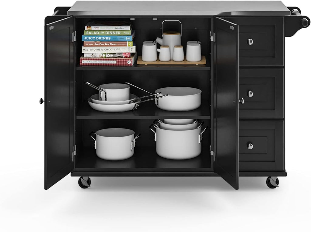 Black Stainless‑Top Rolling Kitchen Island Cart