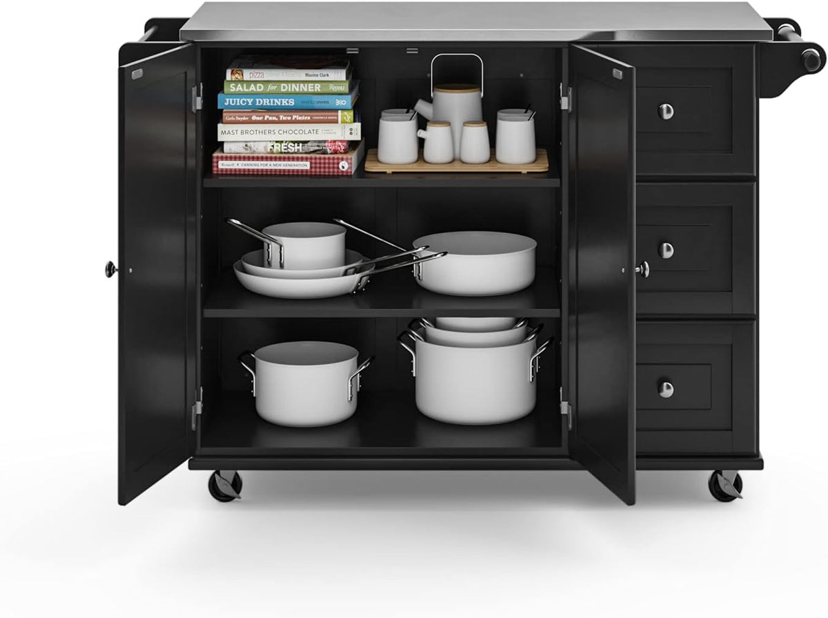 Black Stainless‑Top Rolling Kitchen Island Cart