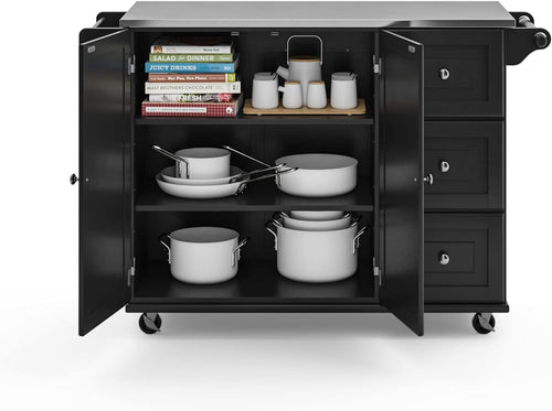 Black Stainless‑Top Rolling Kitchen Island Cart