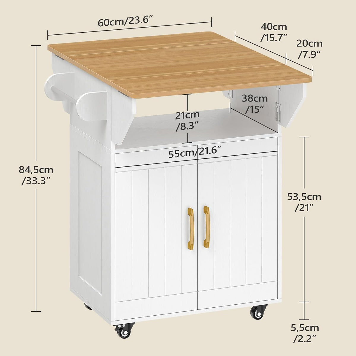 White Rolling Drop‑Leaf Kitchen Island Cart