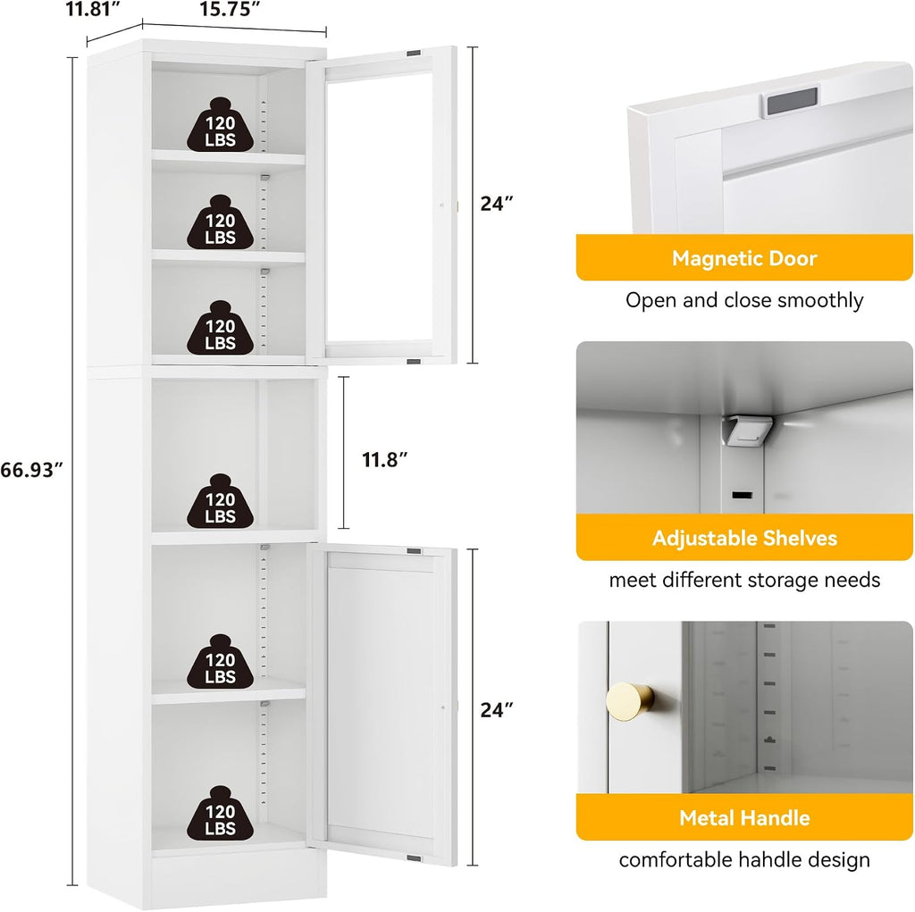 White Tall Glass‑Door Metal Storage Cabinet