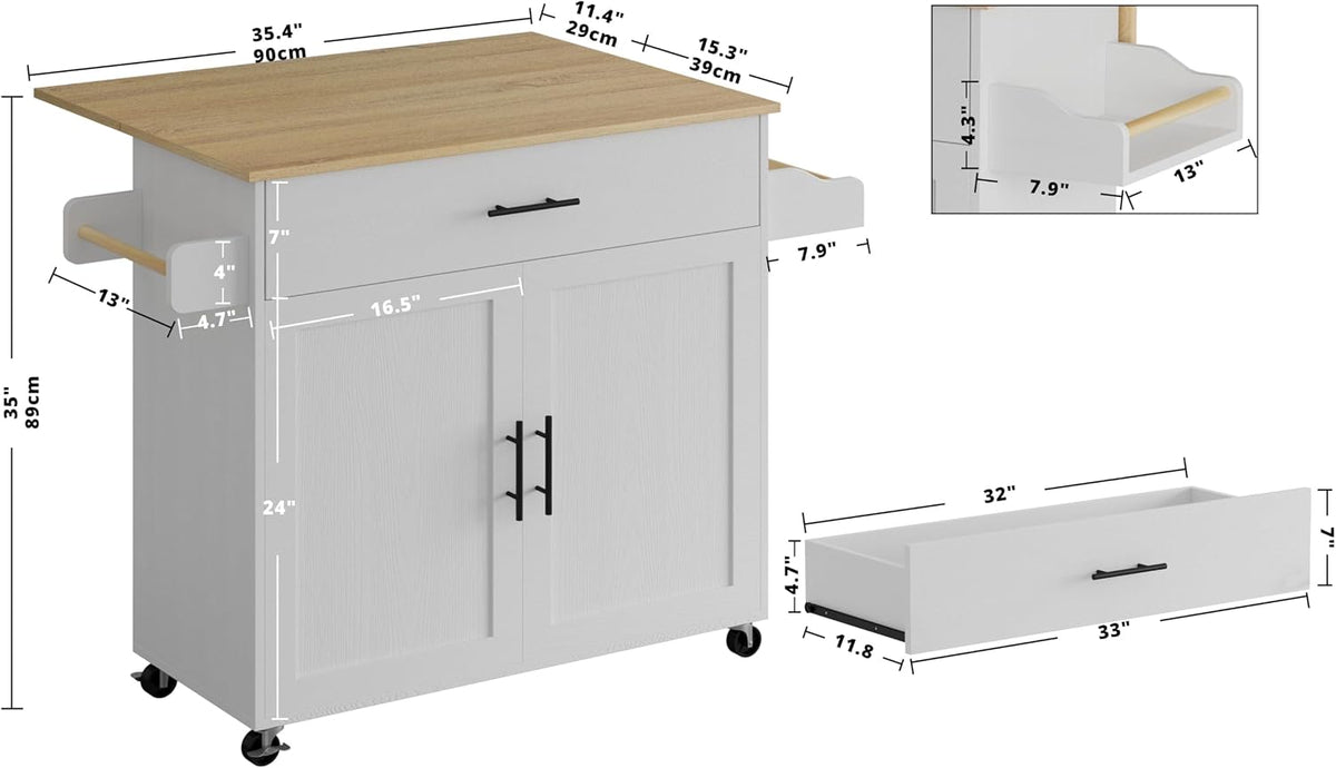 White Rolling Drop‑Leaf Kitchen Island Cart