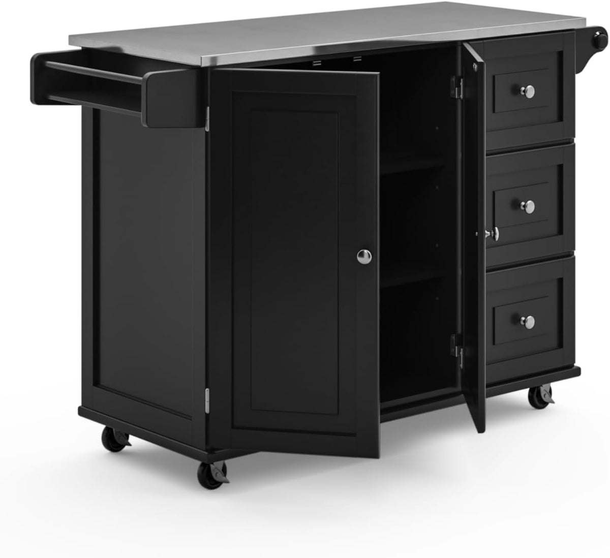 Black Stainless‑Top Rolling Kitchen Island Cart