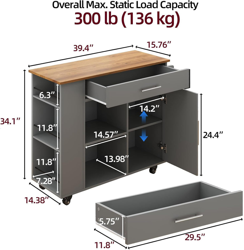 Grey Rolling Farmhouse Kitchen Island Cart