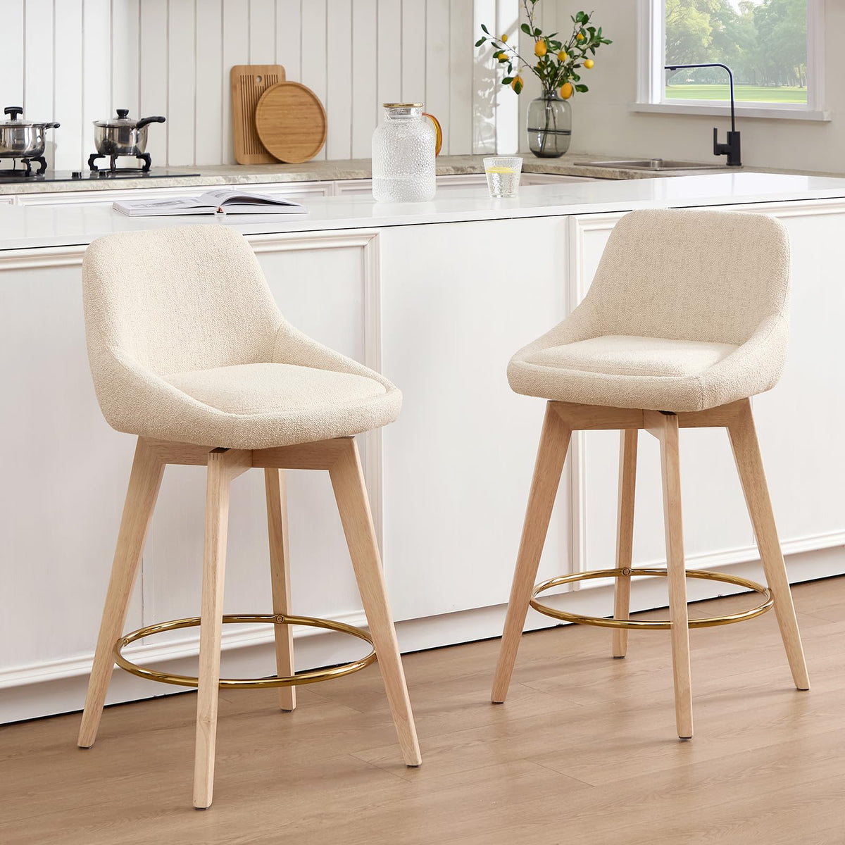 Beige Upholstered Swivel Counter Stools