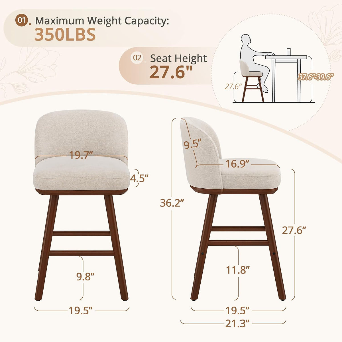 Beige Fabric Wooden Counter‑Height Bar Stools