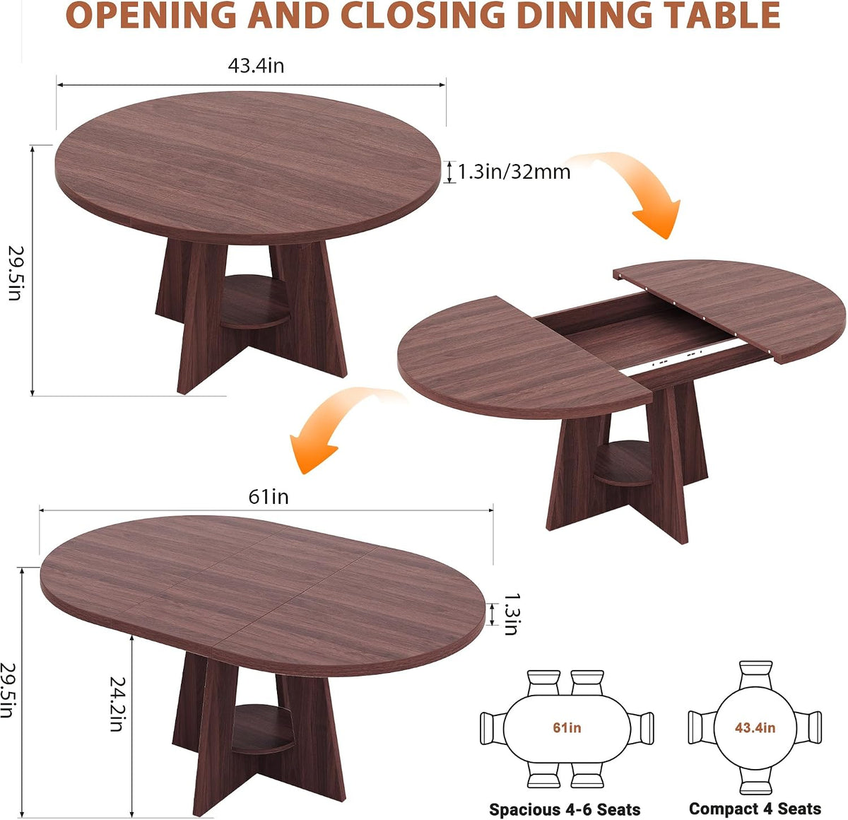 Brown Expandable Round‑Oval Dining Table