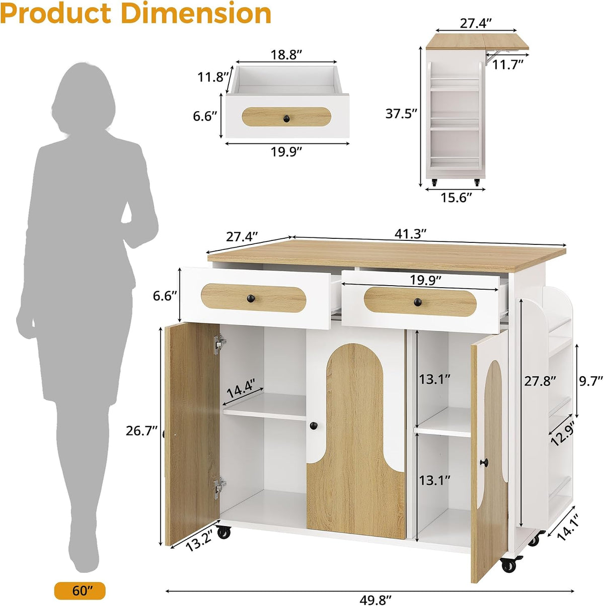 White Drop‑Leaf Rolling Kitchen Island Cart