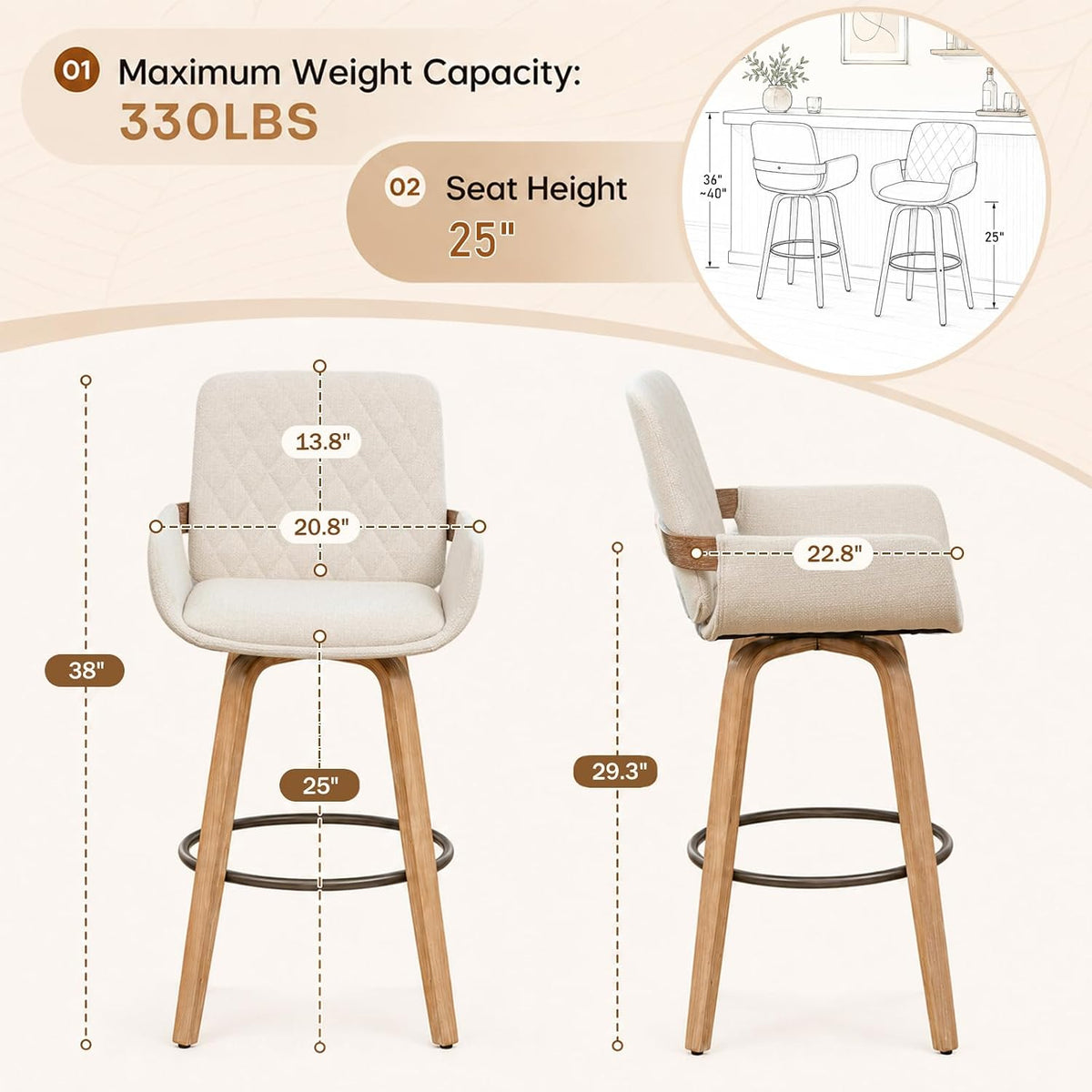 Beige Linen Counter‑Height Bar Stools