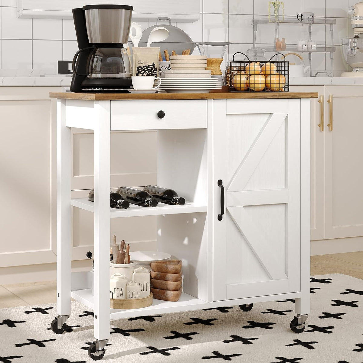 White Rolling Wood‑Top Kitchen Island Cart
