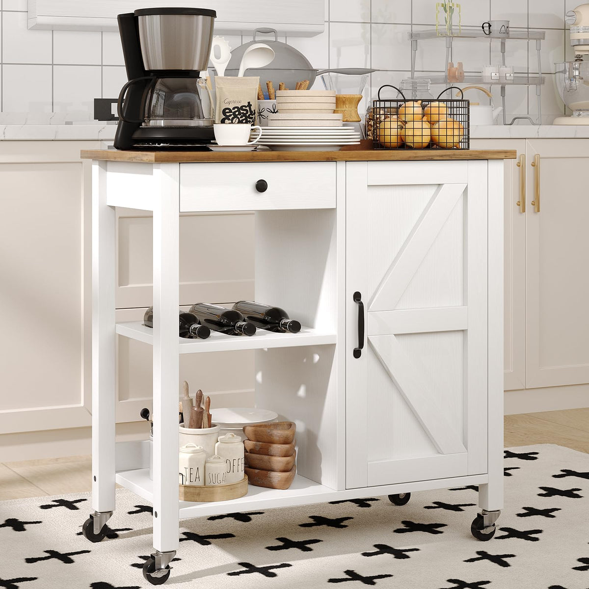 White Rolling Wood‑Top Kitchen Island Cart