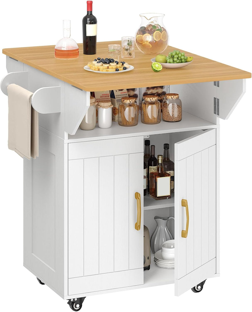 White Rolling Drop‑Leaf Kitchen Island Cart