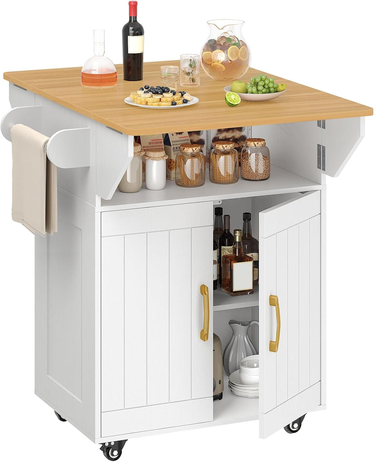 White Rolling Drop‑Leaf Kitchen Island Cart