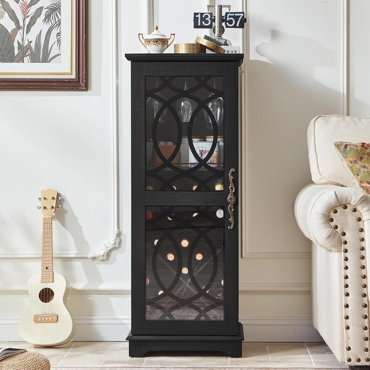 Black Glass‑Door Home Wine Bar Cabinet