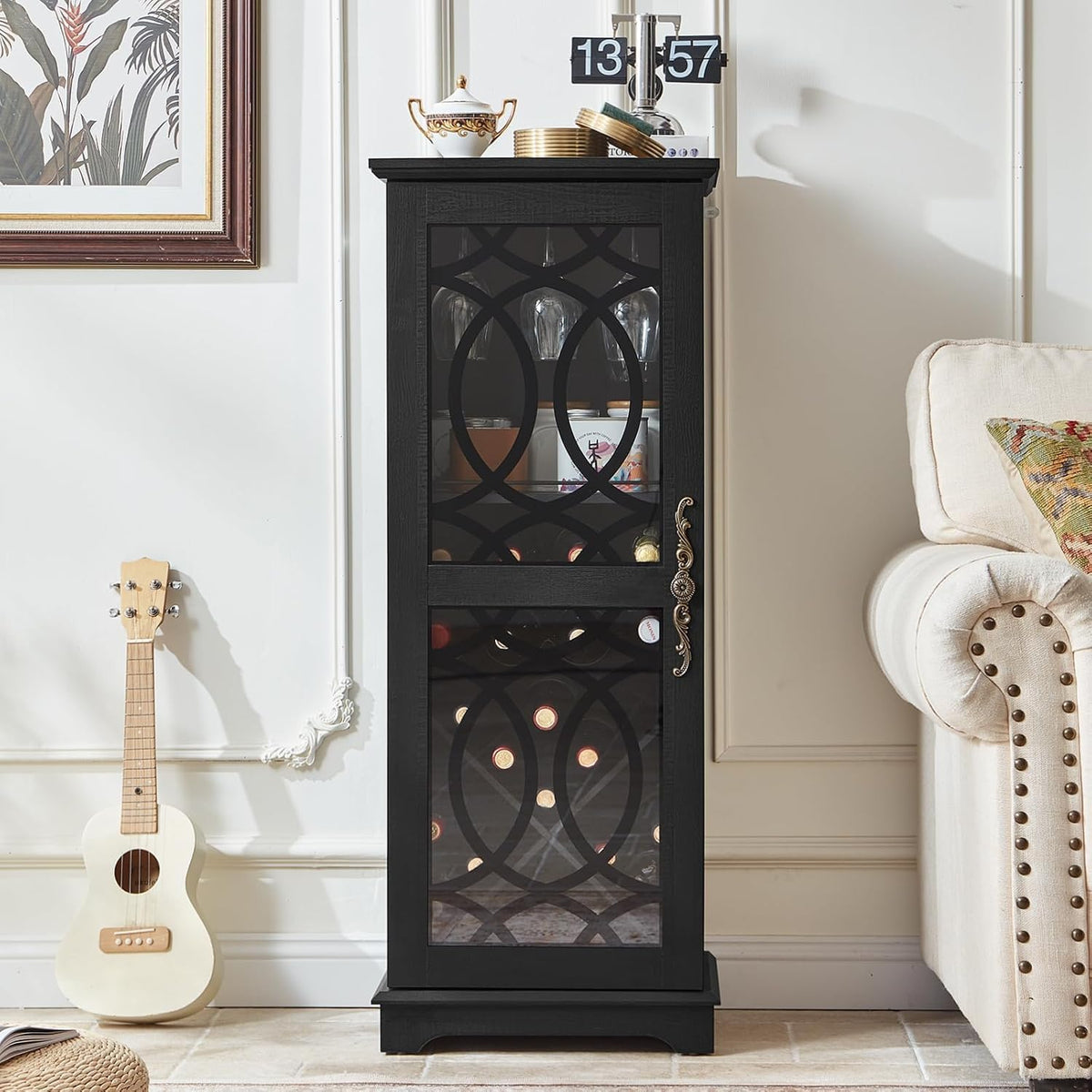 Black Glass‑Door Home Wine Bar Cabinet