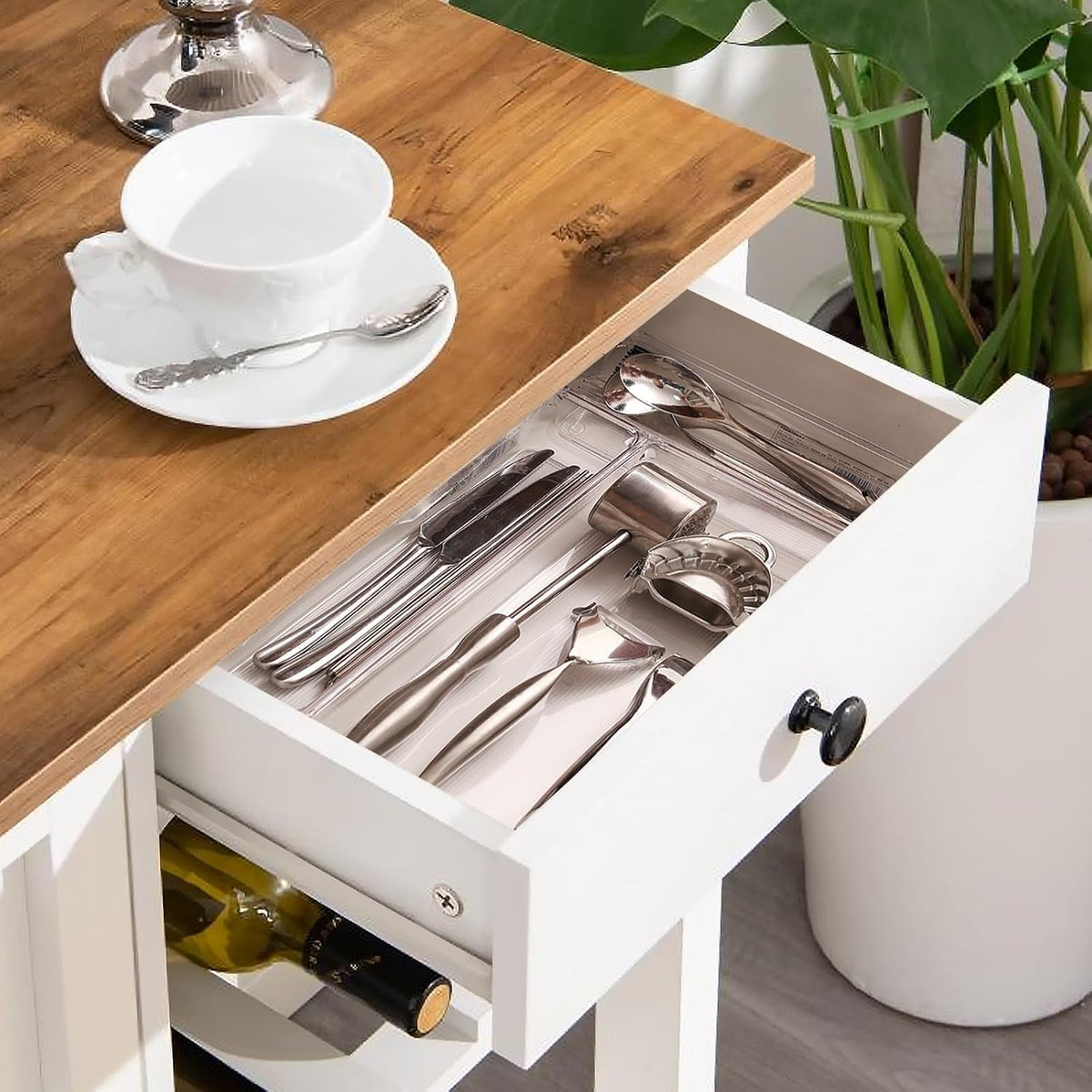 White Rolling Wood‑Top Kitchen Island Cart