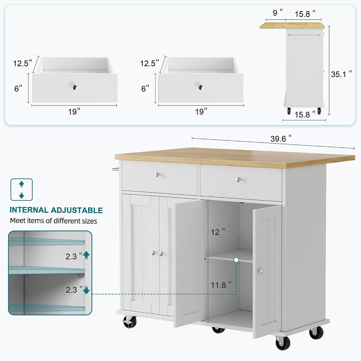 White Rolling Drop‑Leaf Kitchen Island Cart