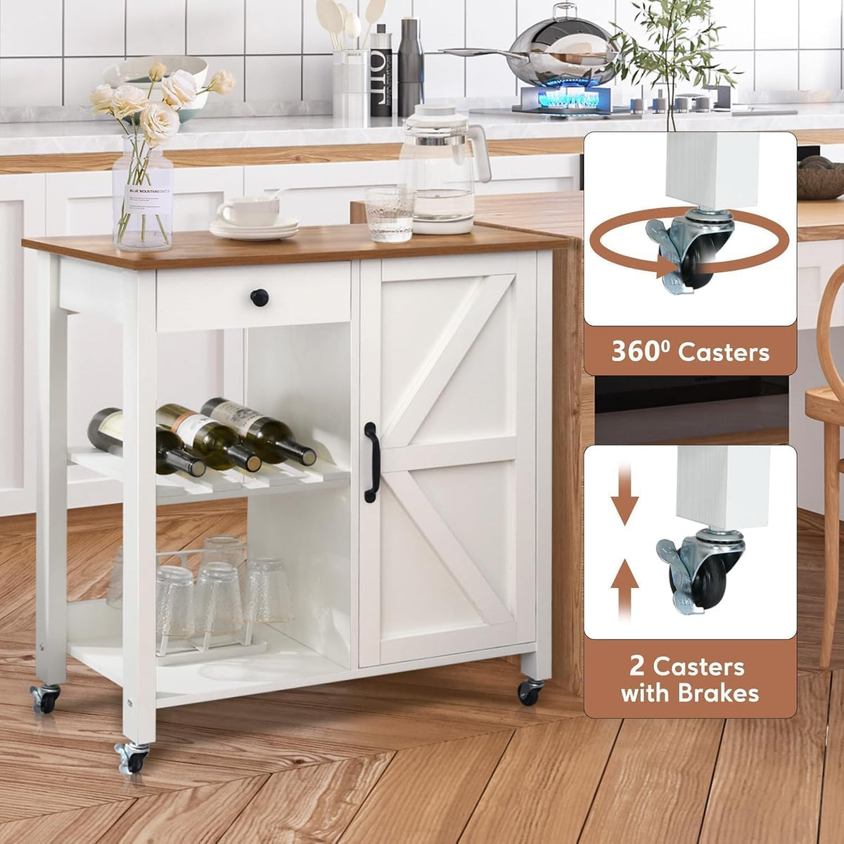 White Rolling Wood‑Top Kitchen Island Cart