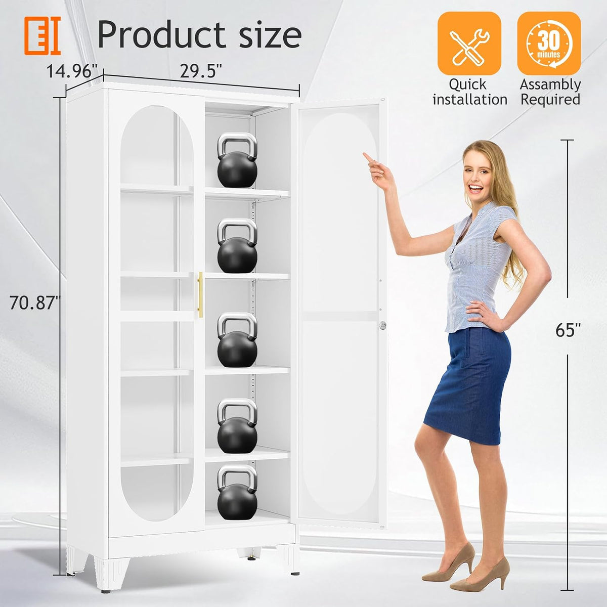 White Lockable Tall Glass Display Cabinet