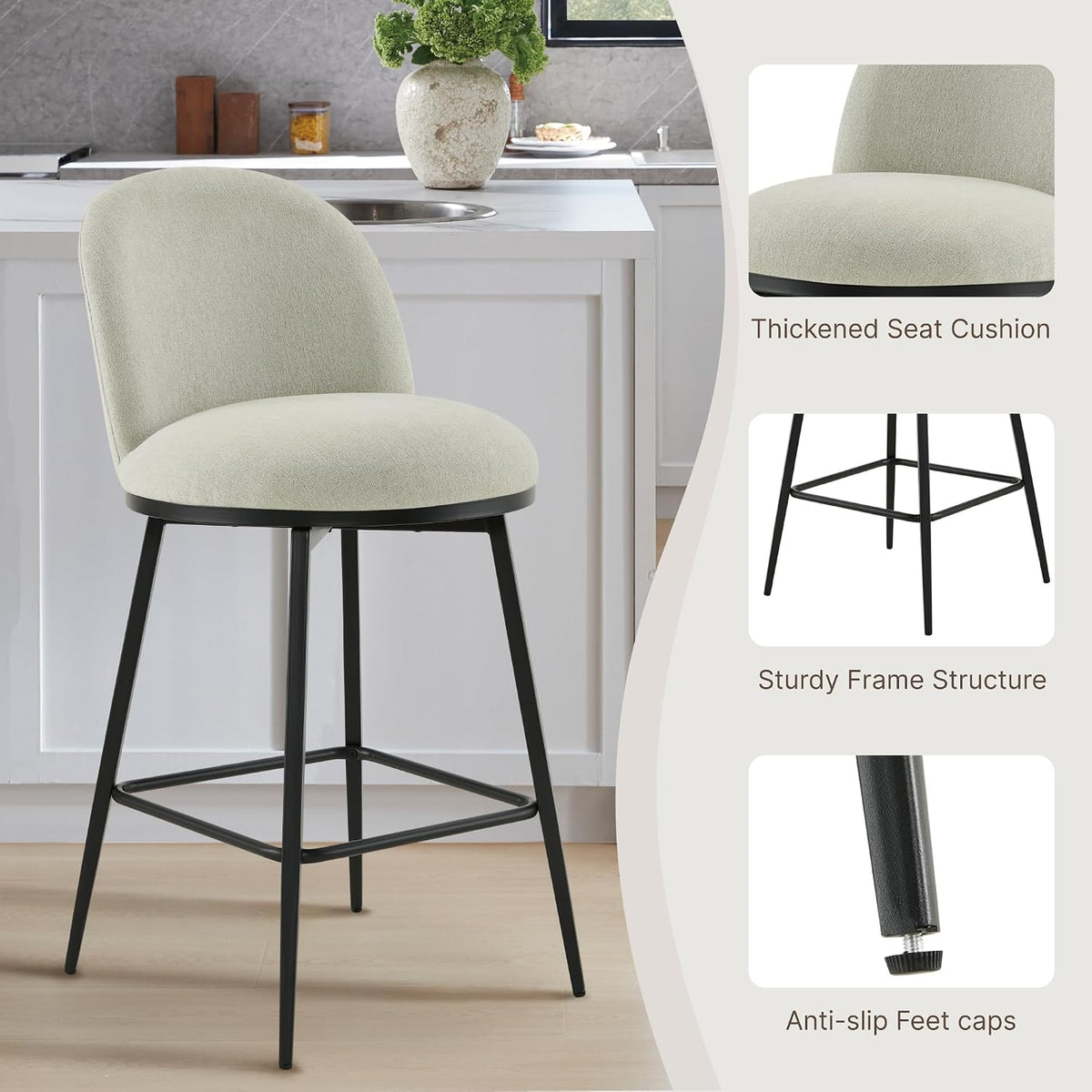 Grey Swivel Linen Counter‑Height Bar Stools