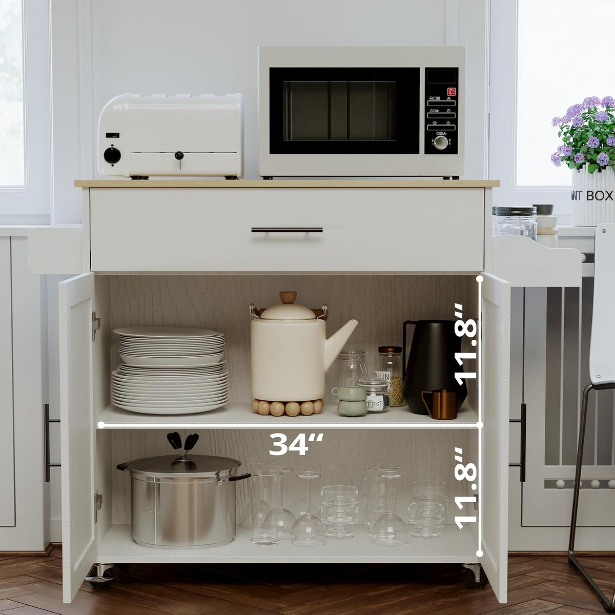 White Rolling Drop‑Leaf Kitchen Island Cart