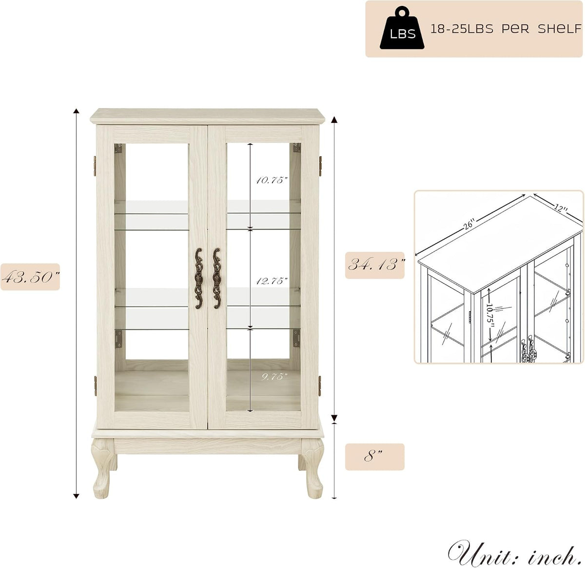 Lighted Antique‑White Glass Display Cabinet