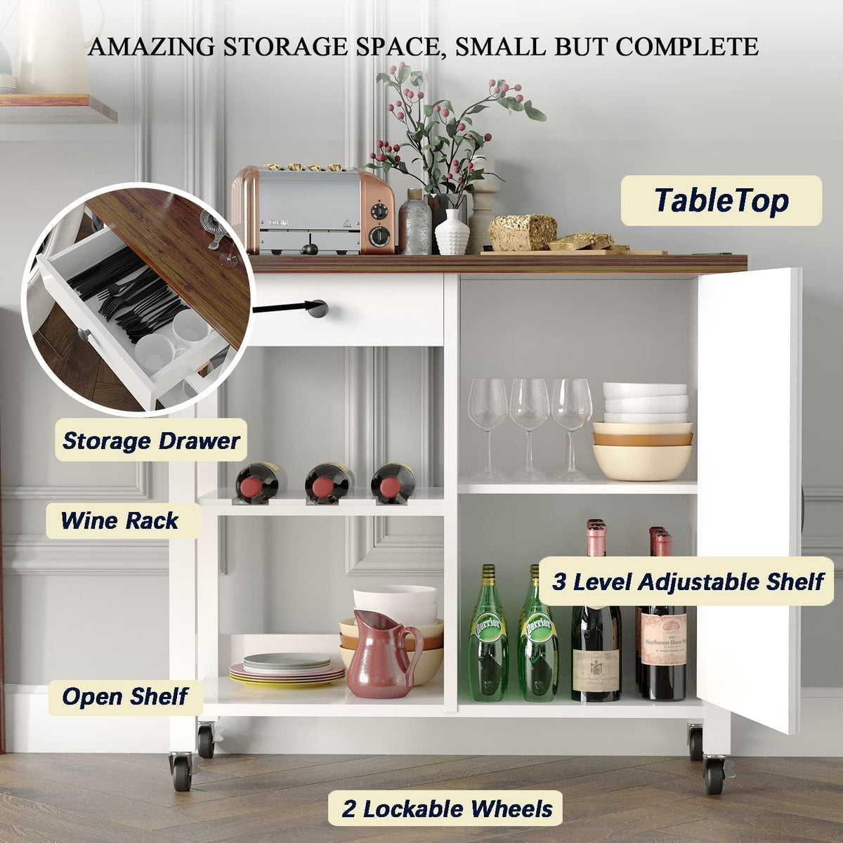 White Rolling Wood‑Top Kitchen Island Cart