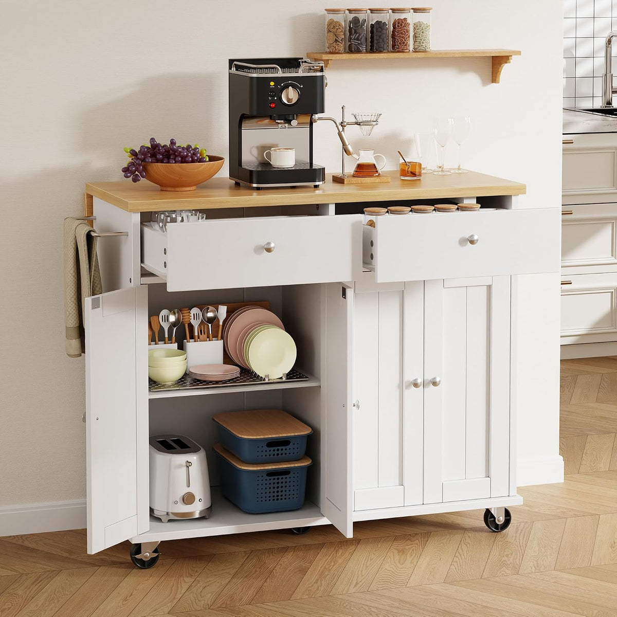 White Rolling Drop‑Leaf Kitchen Island Cart