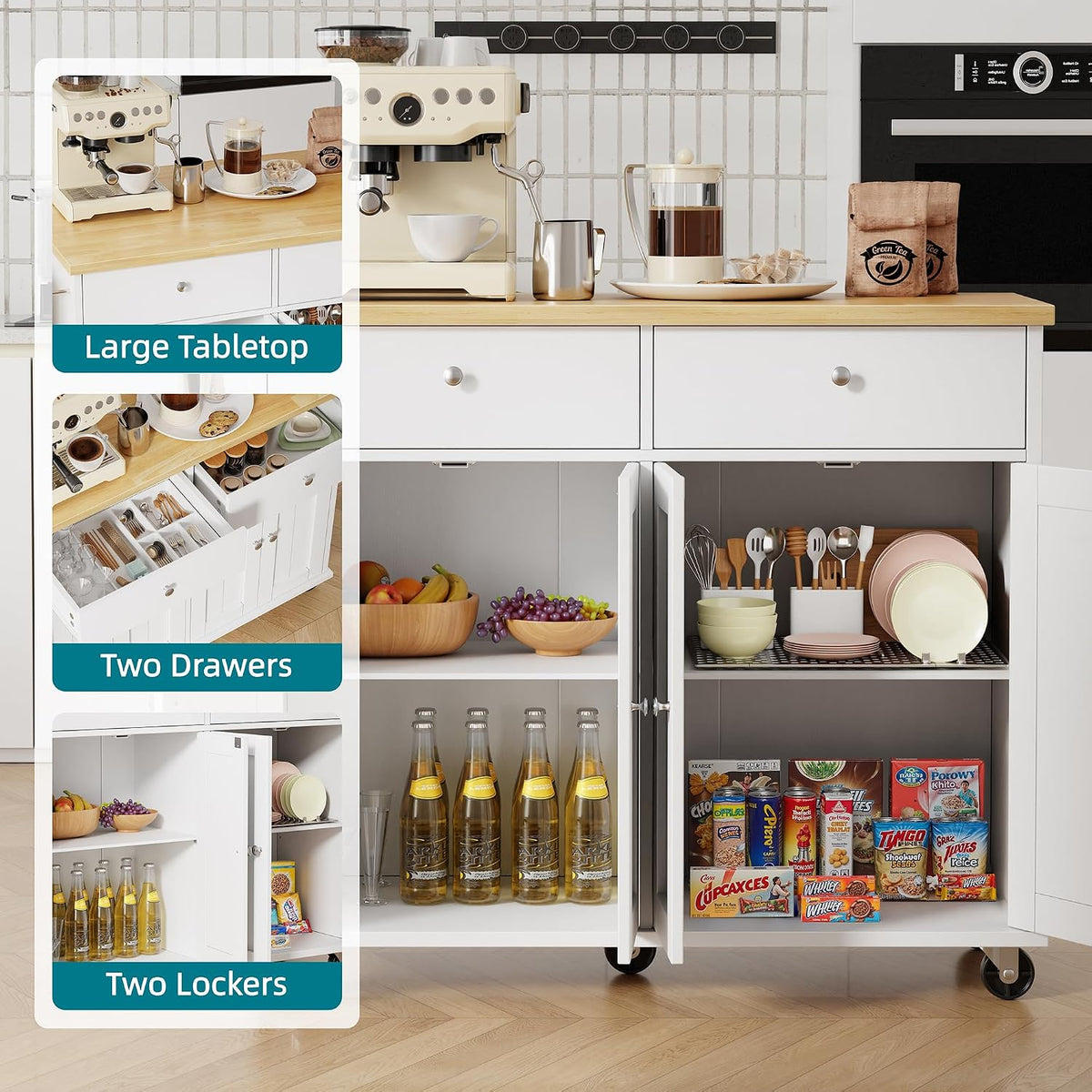 White Rolling Drop‑Leaf Kitchen Island Cart