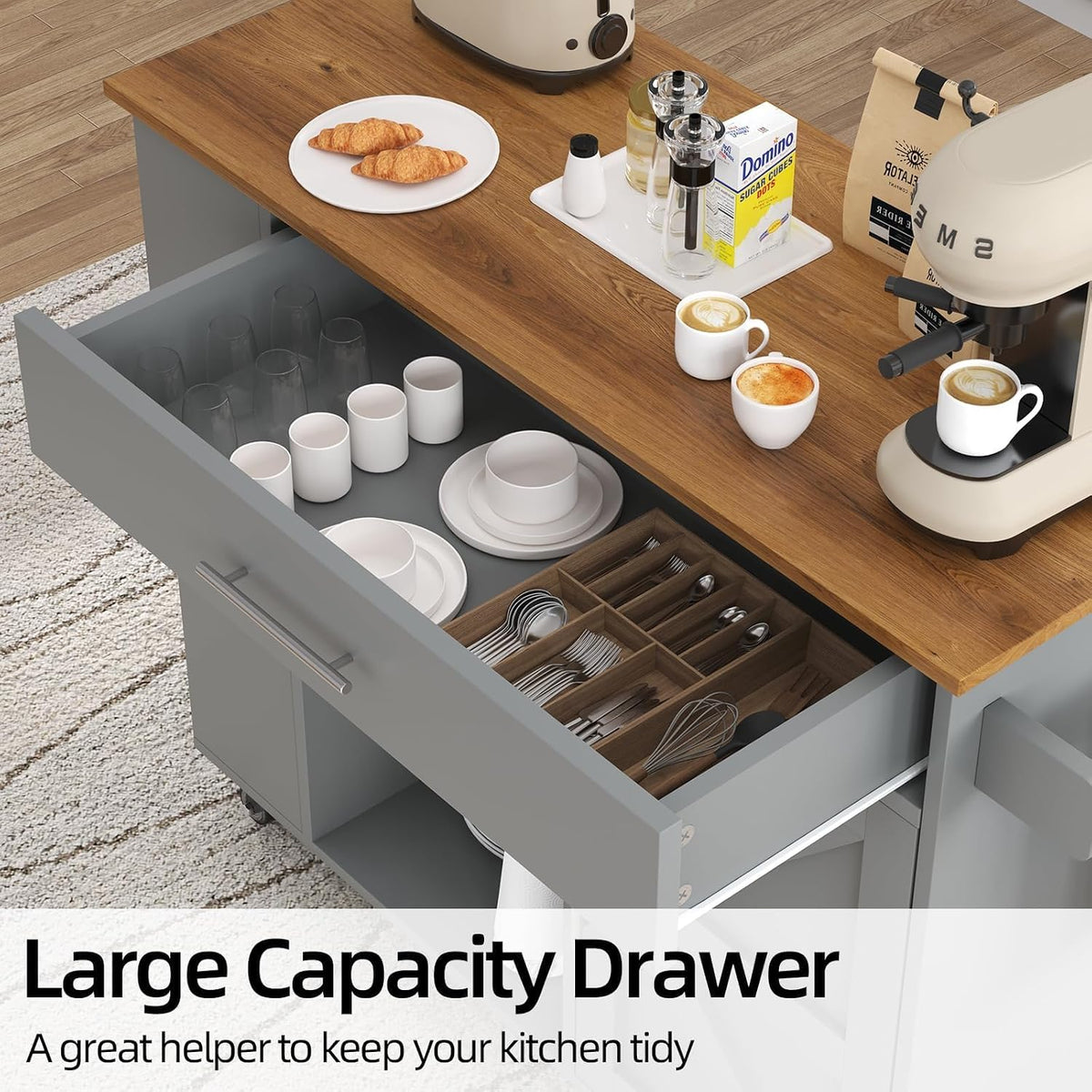 Grey Rolling Farmhouse Kitchen Island Cart