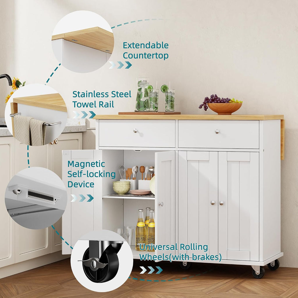 White Rolling Drop‑Leaf Kitchen Island Cart