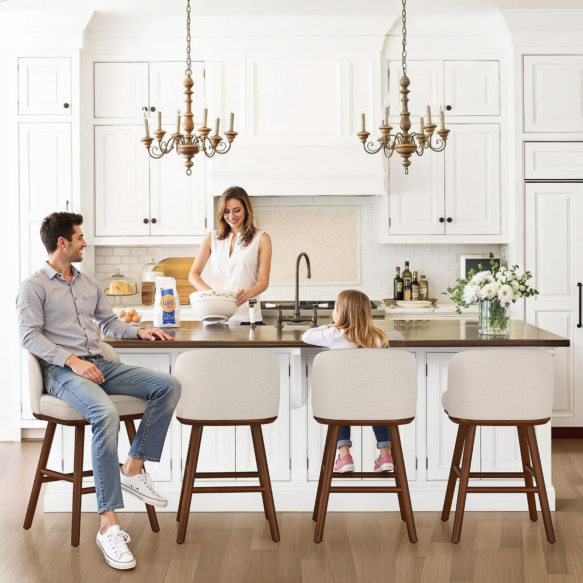 Beige Fabric Wooden Counter‑Height Bar Stools
