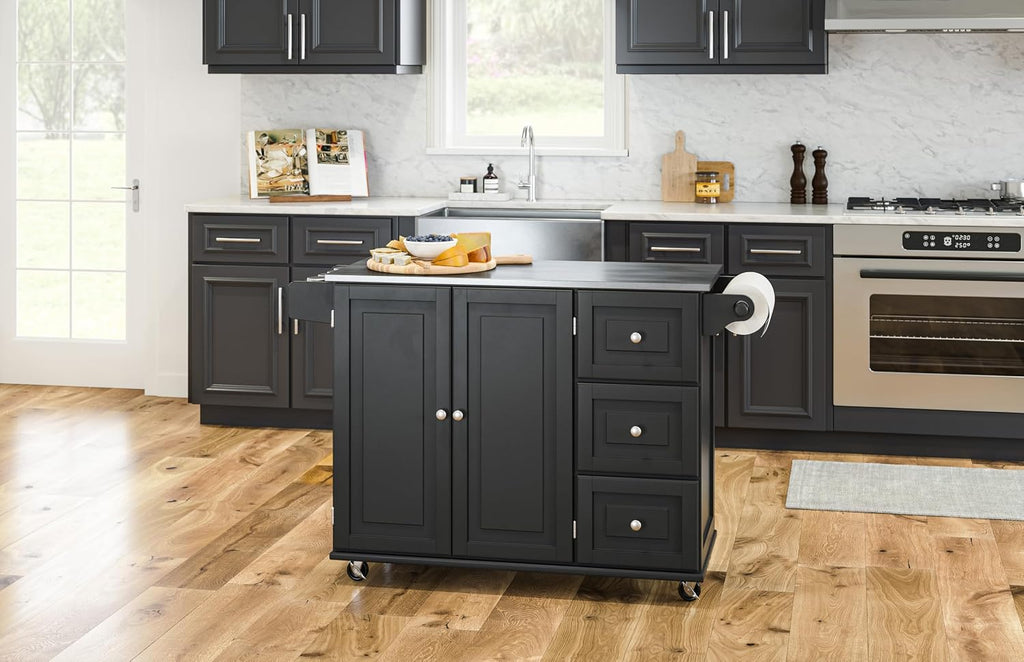Black Stainless‑Top Rolling Kitchen Island Cart
