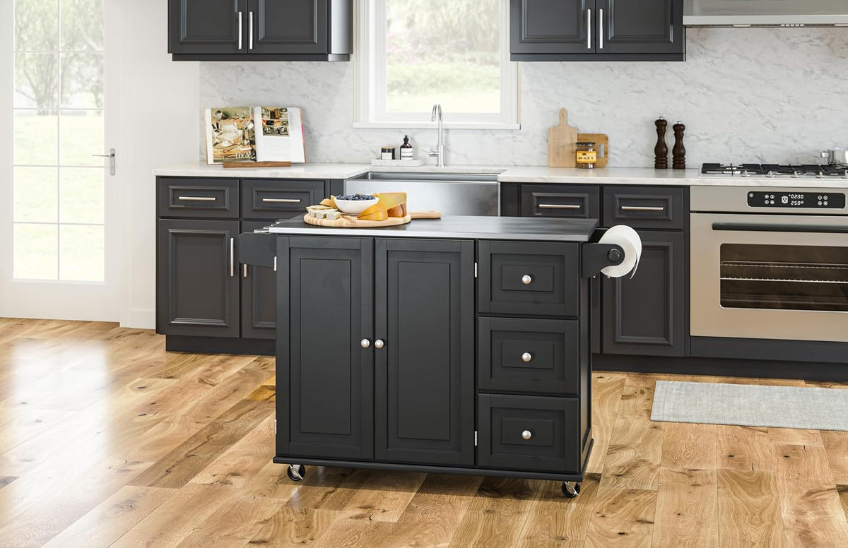 Black Stainless‑Top Rolling Kitchen Island Cart