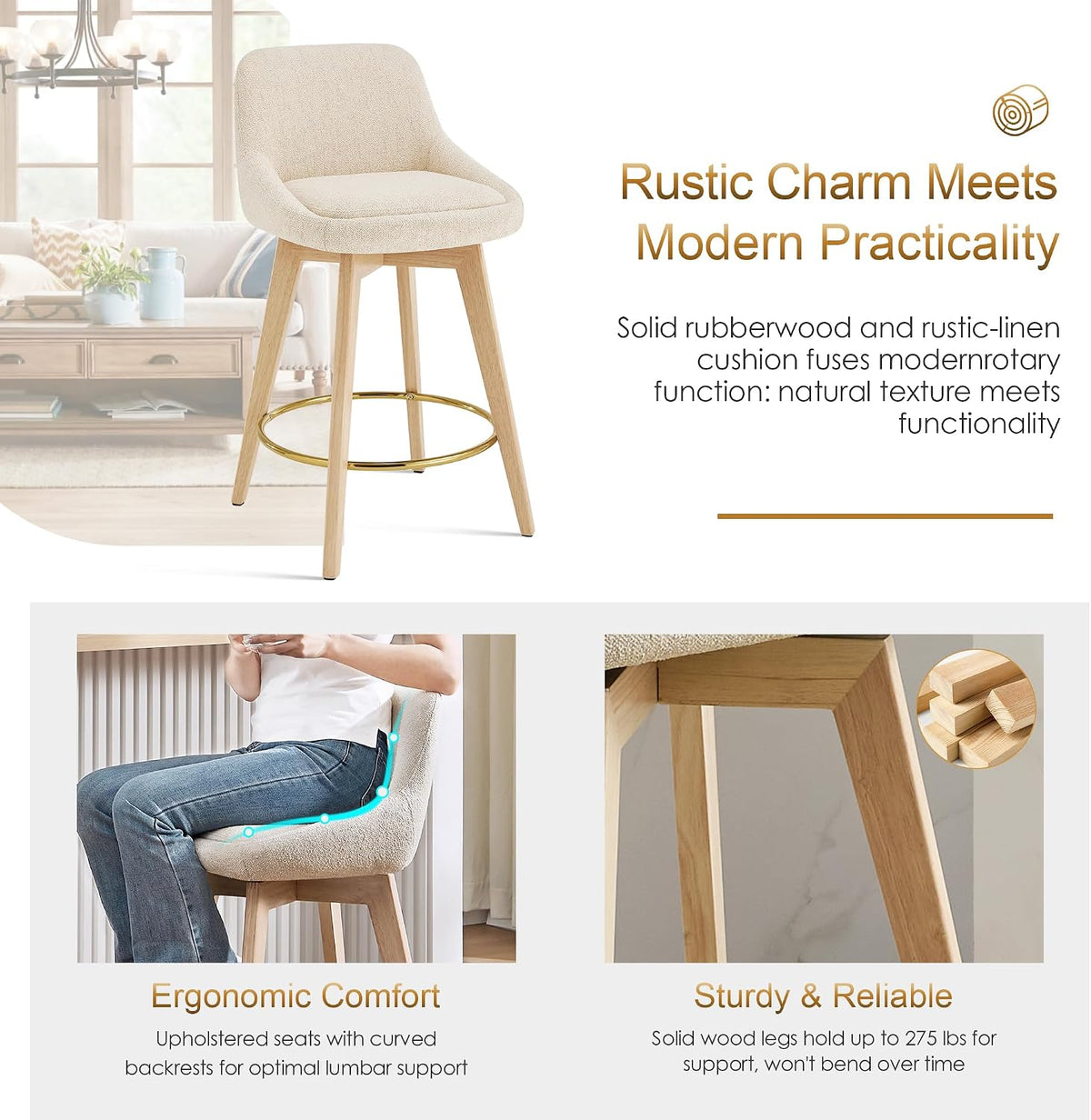 Beige Upholstered Swivel Counter Stools