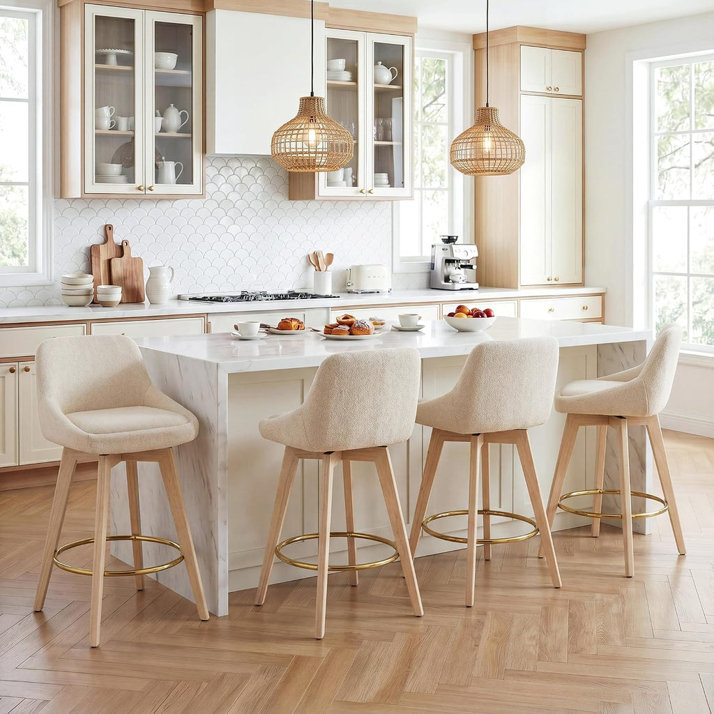Beige Upholstered Swivel Counter Stools