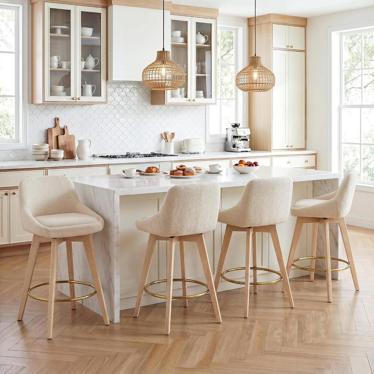 Beige Upholstered Swivel Counter Stools