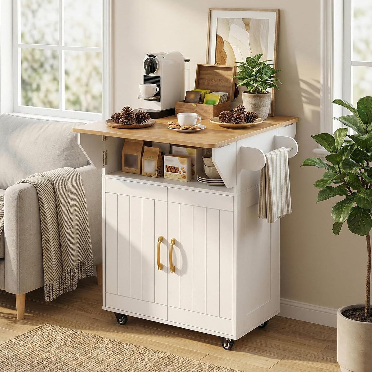 White Rolling Drop‑Leaf Kitchen Island Cart