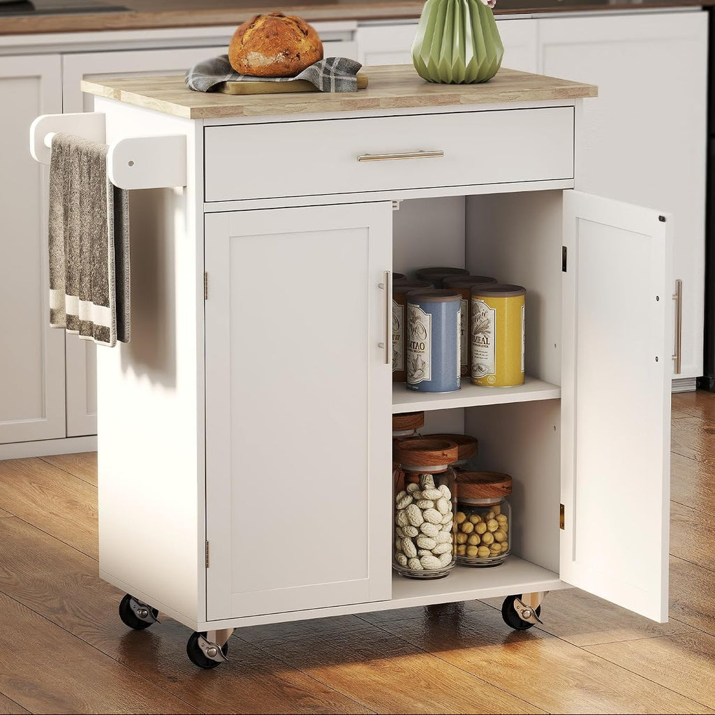 White Wood‑Top Kitchen Island Storage Cart