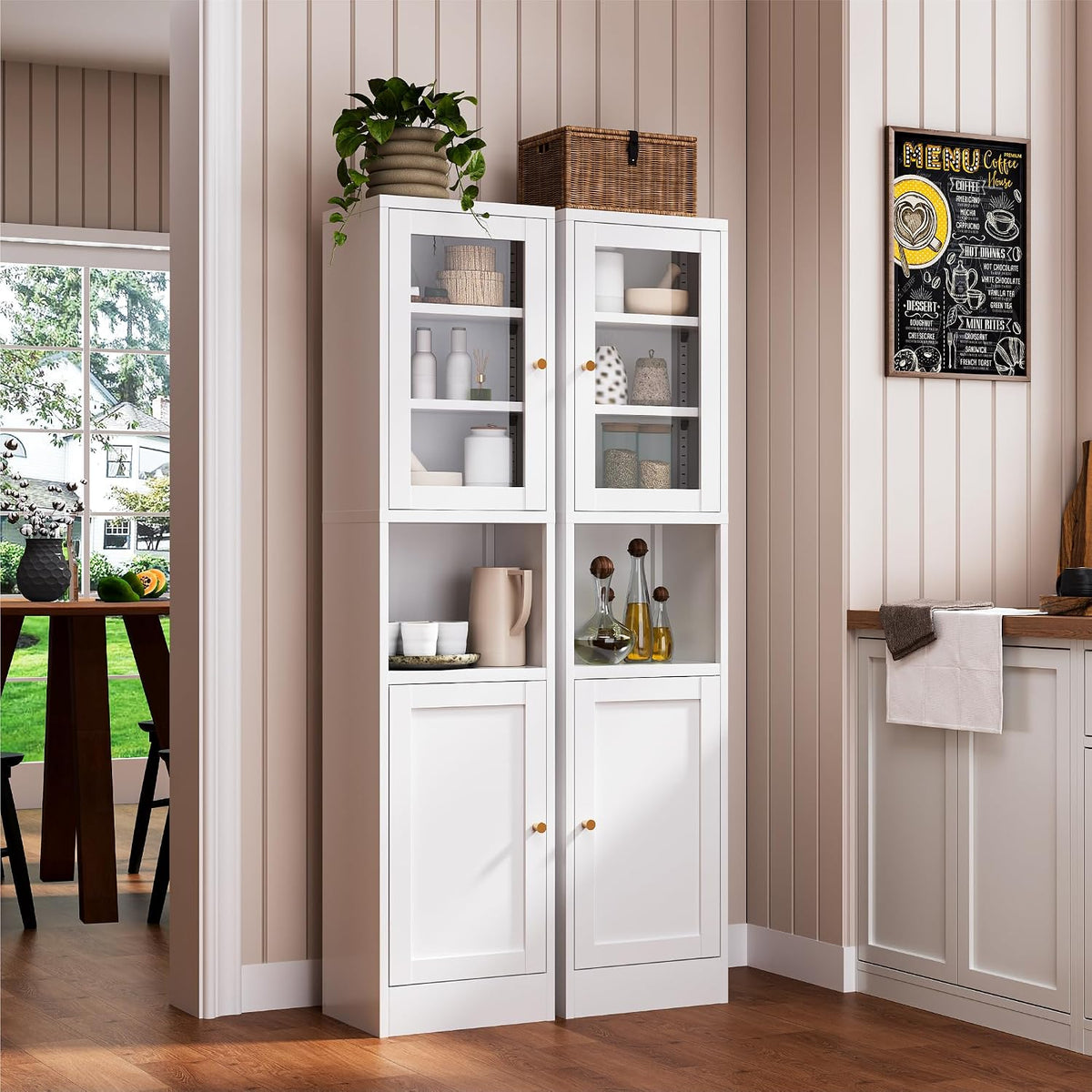 White Tall Glass‑Door Metal Storage Cabinet