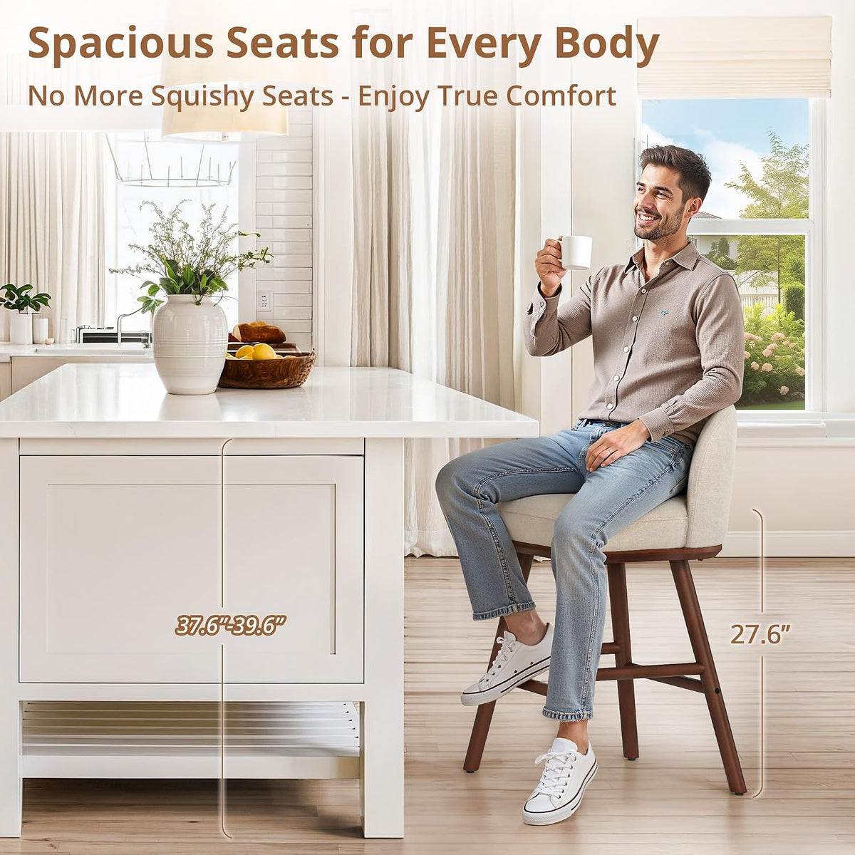 Beige Fabric Wooden Counter‑Height Bar Stools