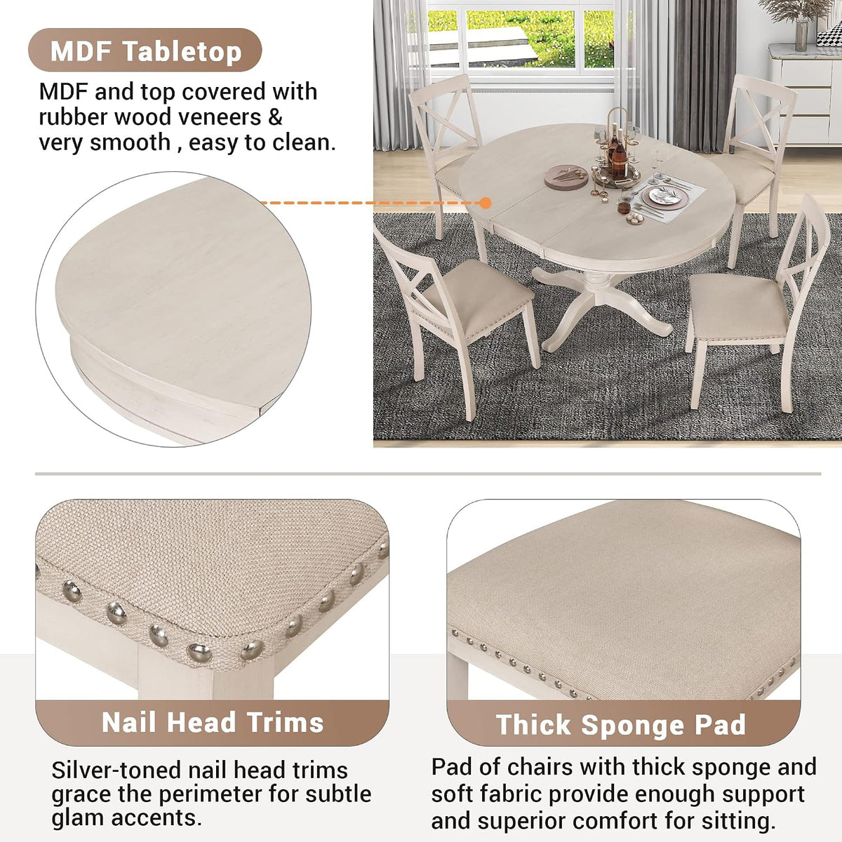White Expandable Dining Table Chair Set