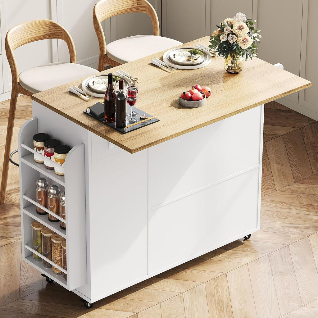 White Drop‑Leaf Rolling Kitchen Island Cart