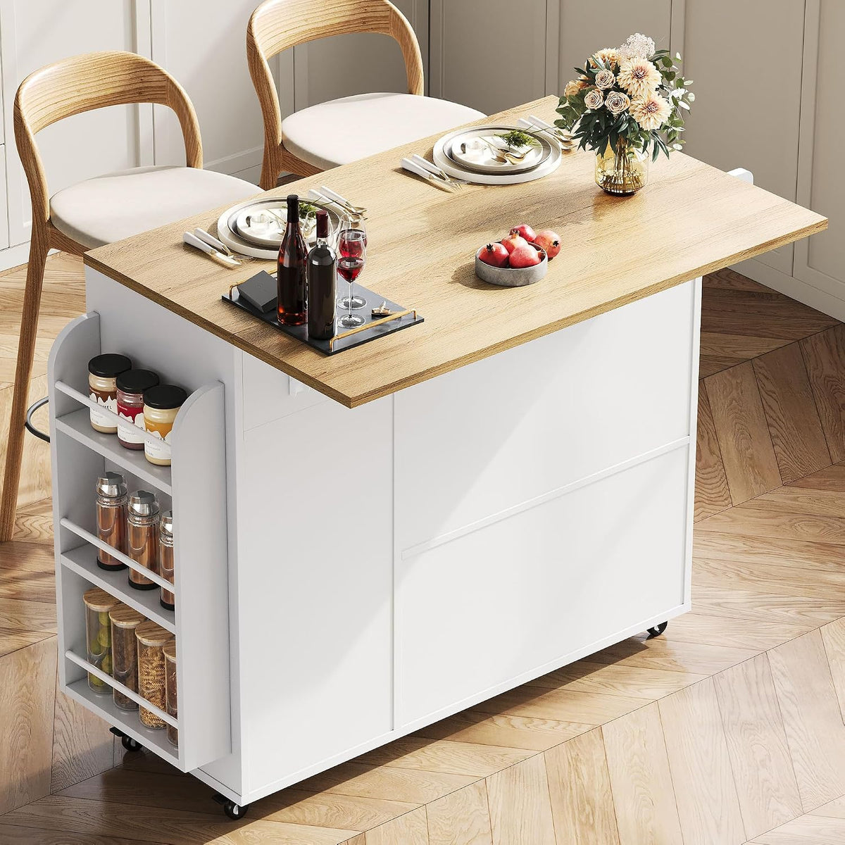 White Drop‑Leaf Rolling Kitchen Island Cart