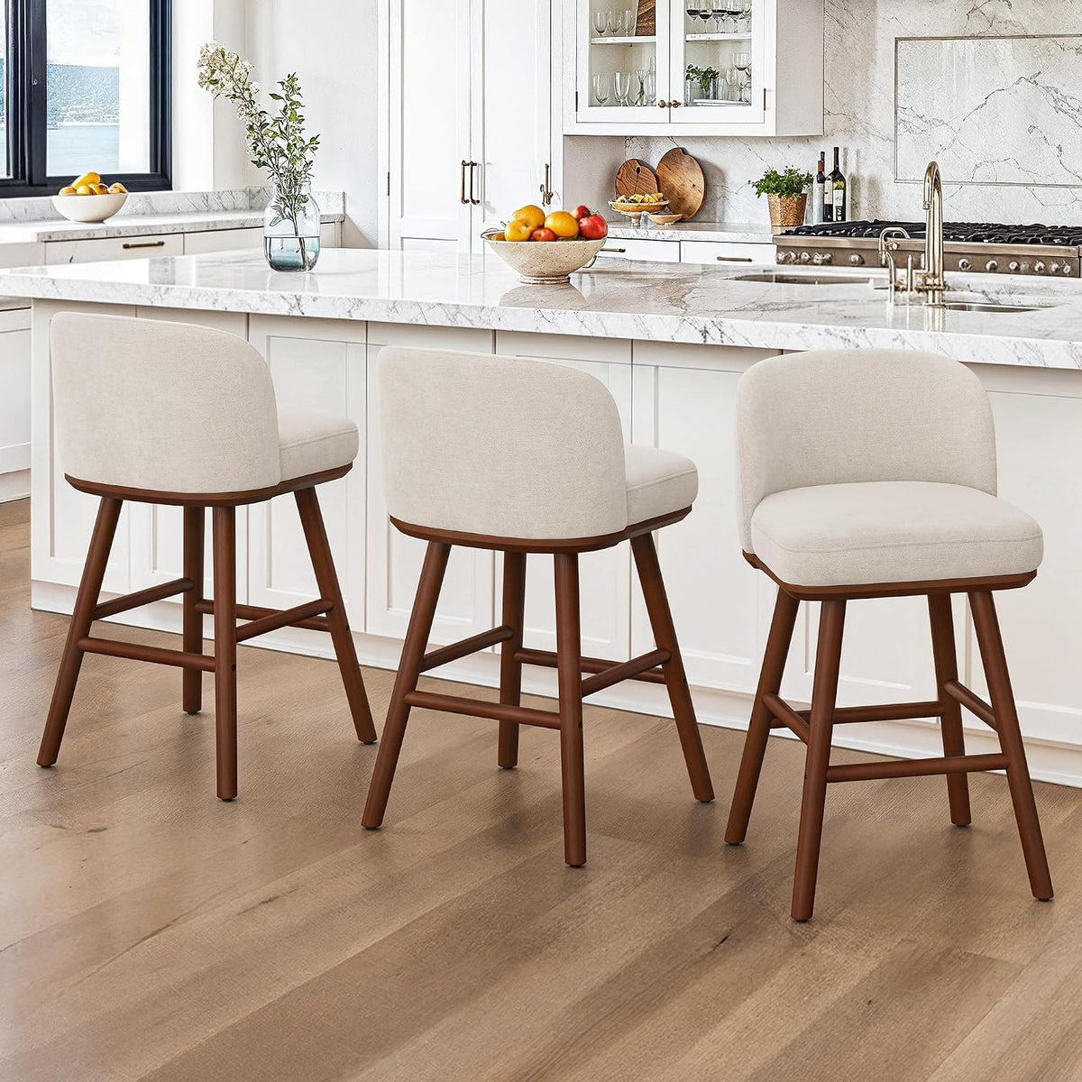 Beige Fabric Wooden Counter‑Height Bar Stools