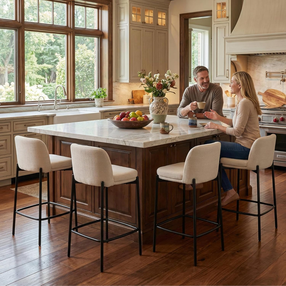 Beige Upholstered Counter‑Height Bar Stools