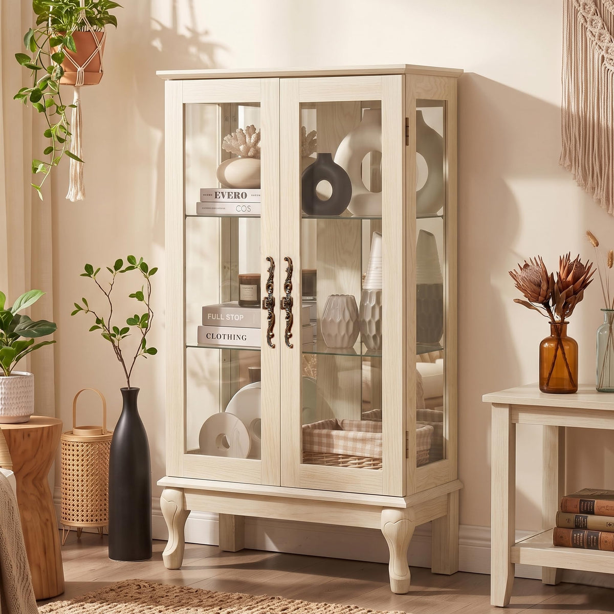 Lighted Antique‑White Glass Display Cabinet