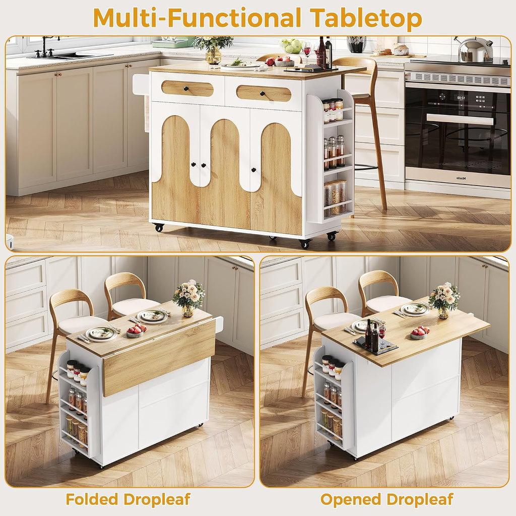 White Drop‑Leaf Rolling Kitchen Island Cart
