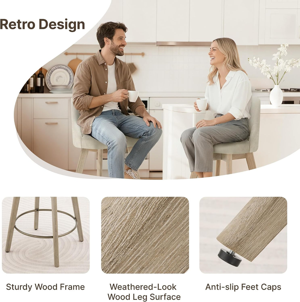 Sand Fabric Swivel Wooden Counter Stools